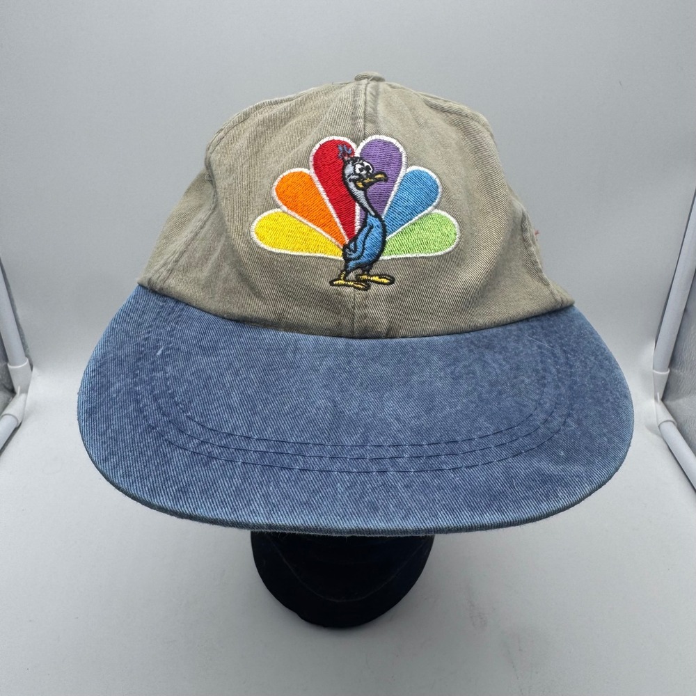Vintage NBC Peacock Hat Khaki Blue Leather Strapback Baseball Cap Fahrenheit